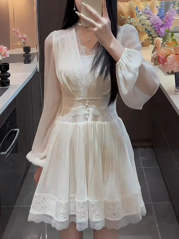 

Ele Lace Splice V-Ne Dr, новинка лета, женская юбка трапециевидной формы больших размеров, дизайн, чувственный эффект похудения