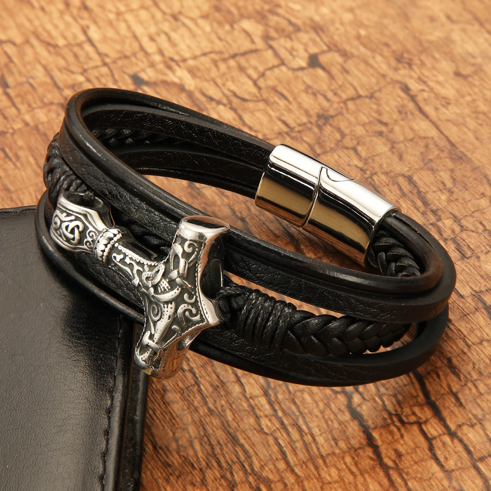 European And American Woven Viking Hammer Jewelry Cowhide Rope Bracelet Stainless Steel Magnetic Buckle Bracelet