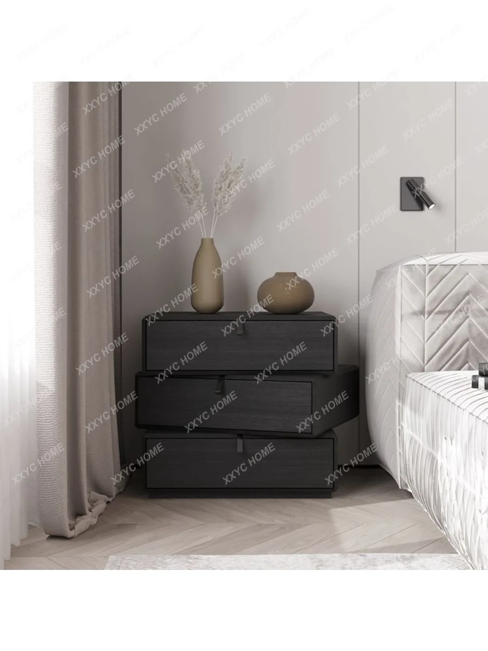 Rotating Bedside Table Modern Bedroom Bedside Cabinet Black Oak Wood Grain Three-Bucket Cabinet