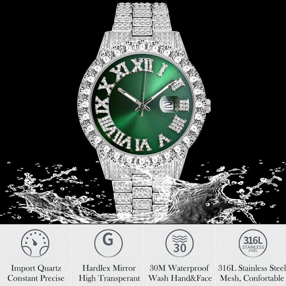 Imagem -03 - Relógio Masculino Cheio de Diamante Gelado Quartzo Aaa cz Impermeável Hip Hop Relógio Masculino Marca de Luxo Presente para Homens