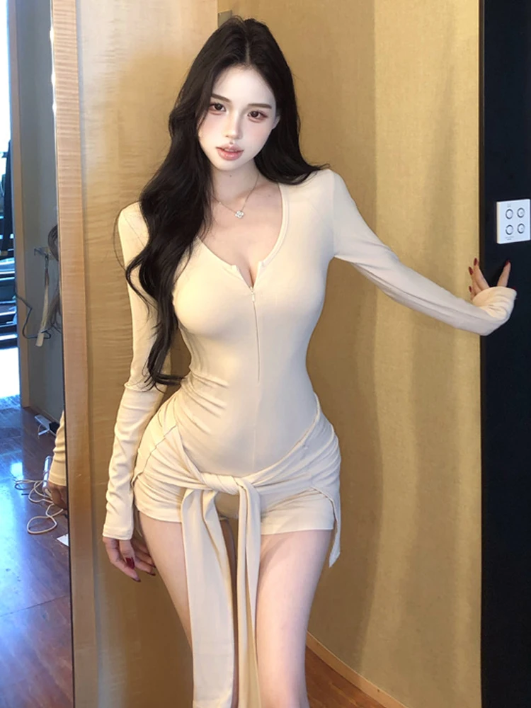 

Sexy Spicy Girl Long Sve Suit ow Chest Big Waist Cinched Strap Slim Fit Straight Tube Body ort Pants Trendy