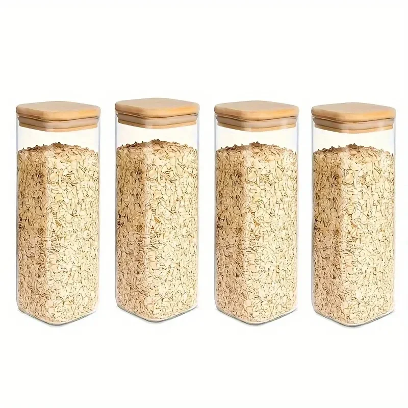 

2/4 Pieces, 540Ml/1000Ml Glass Food Storage Jars with Bamboo Lids, Transparent Square Sealed Kitchen Storage Container Set,