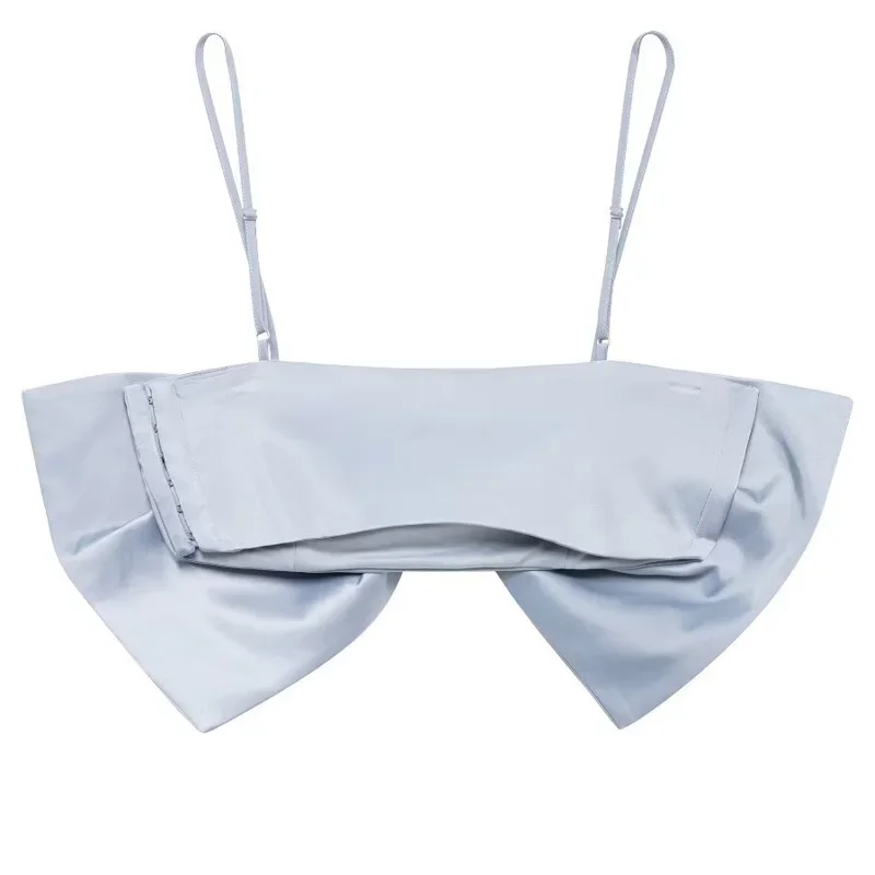 TRAF Crop Tops Woman 2024 Sleeveless Butterfly Blue Top Summer Satin Backless Top With Straps Off Shoulder Short Bra Tank Top