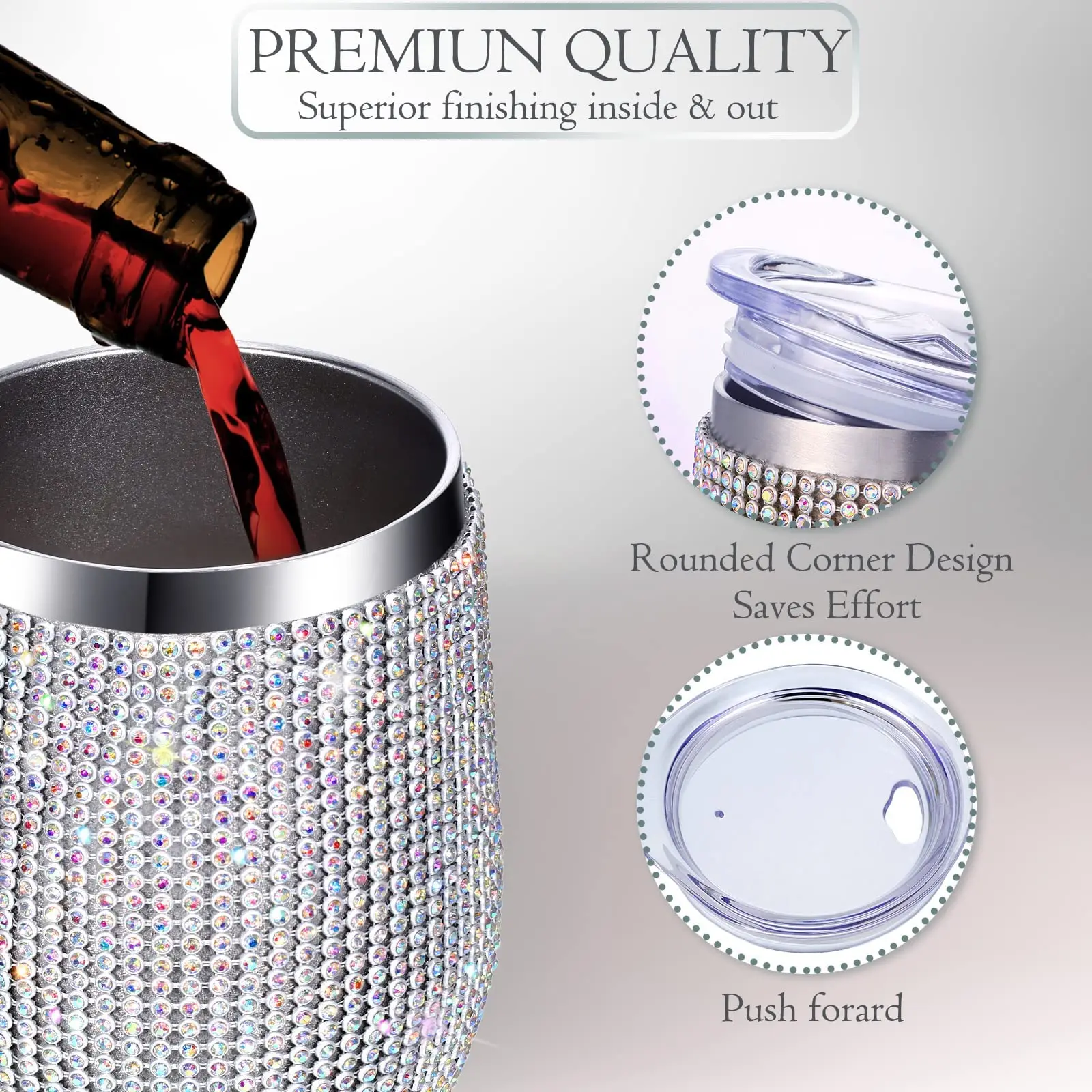 12oz Shiny Diamond Tumbler Wine Beer Cup Vacuum Thermo Champagne Mug Cup Stainless Steel With Sealed Lid Party Bridemaid Gift