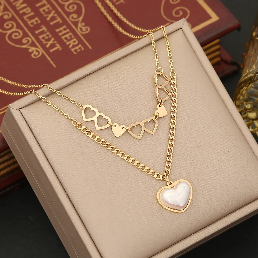 316L Stainless Steel 2-layer Pearl Heart Pendant Necklace for Women New Fashion High Quality Neck Chain Party Jewelry Gift