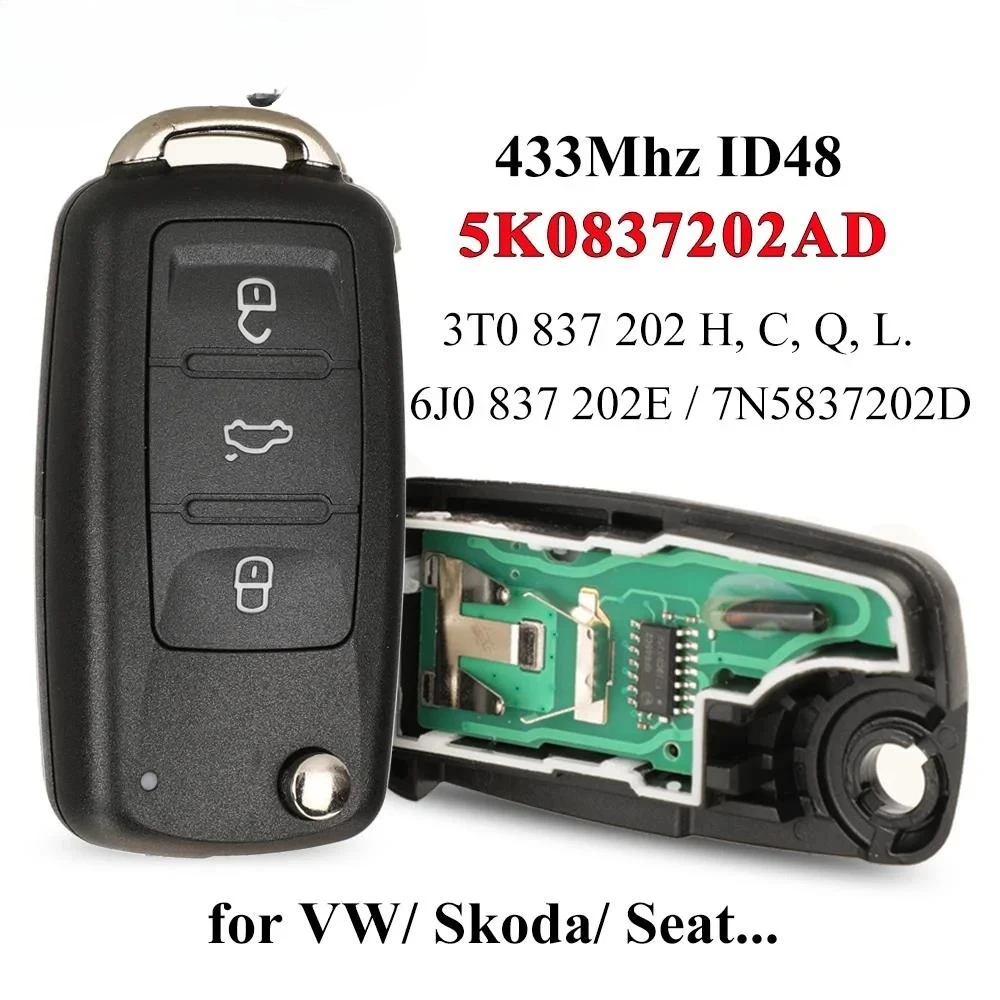 

Jingyuqin 3BT дистанционный откидной ключ 434 МГц ID48 для VW GOLF PASSAT Tiguan Polo Jetta Skoda Seat 5K0837202AD