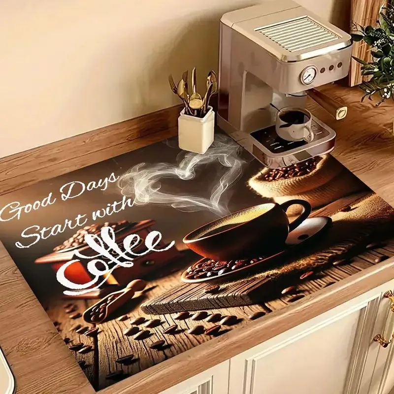 Classic Coffee Design Dish Drying Mat Soft Rubber Non-Slip Absorbent Stain-Resistant for Kitchen Coffee Bar Countertops