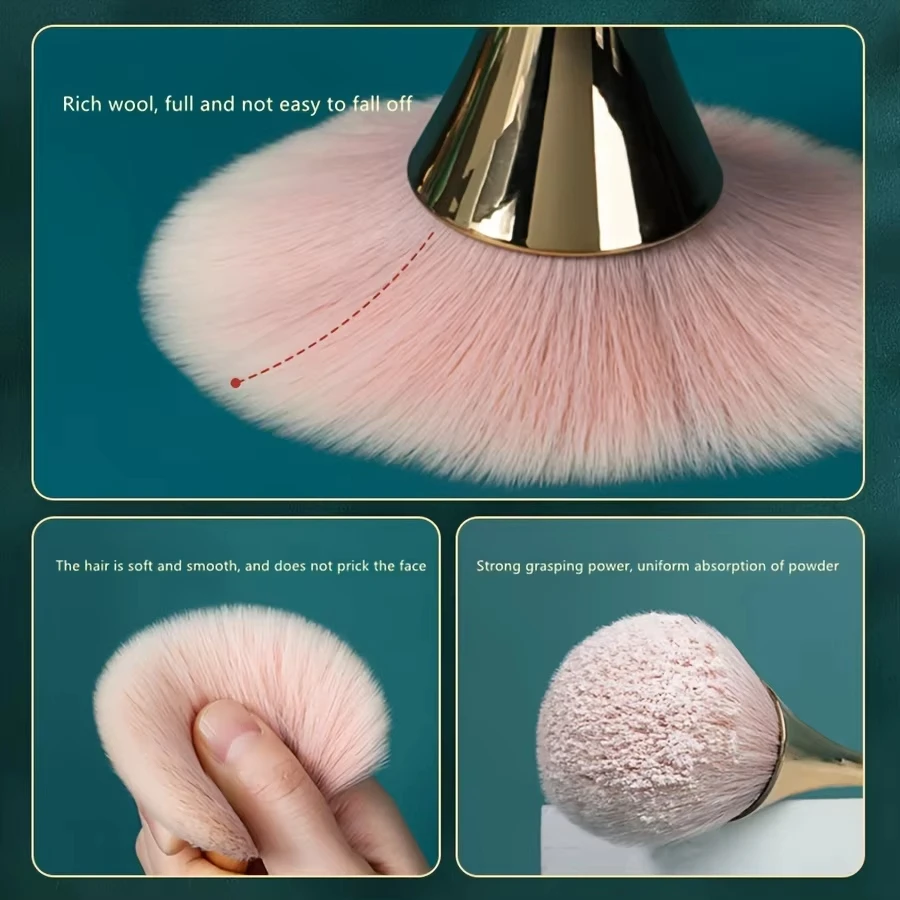 Brocha de maquillaje abanico rosa dorado, brocha para polvo suelto, iluminador y rubor, cerdas suaves para fijar el maquillaje 5