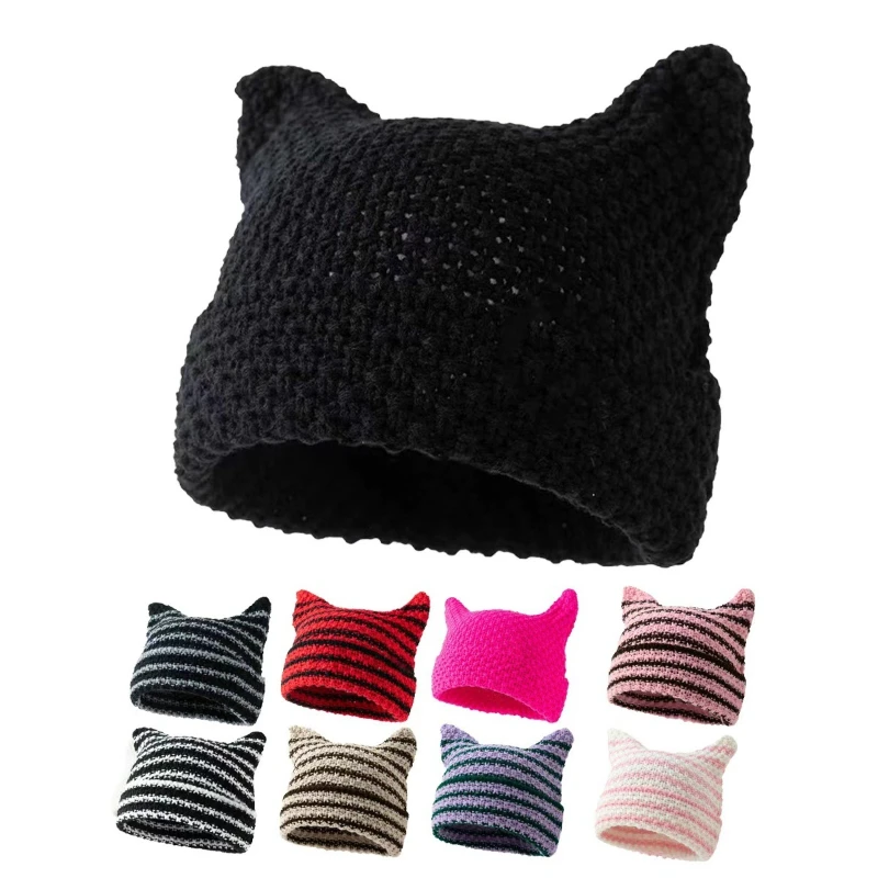 Y2K Handmade Stripe Knit Beanie Hat Cat Ears Cold Hat Winter Men Female Warm Crochet Hat Kawaii Designer