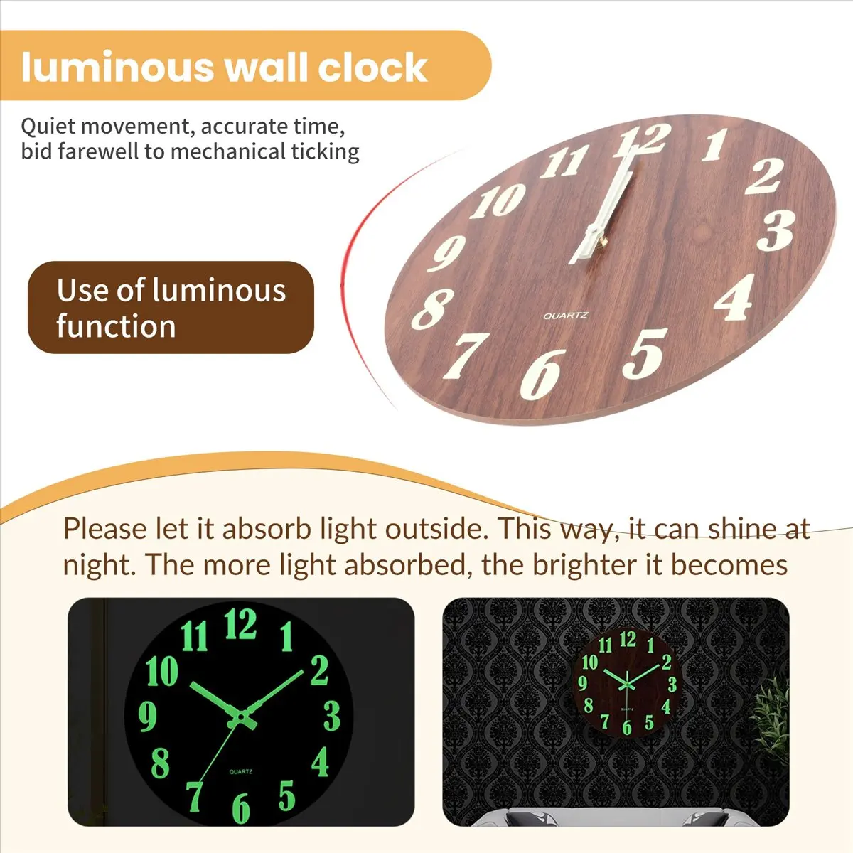 ABNQ  Wall Clock,12 Inch Wooden Silent Non-Ticking Kitchen Wall Clocks for Indoor/Outdoor Living Room