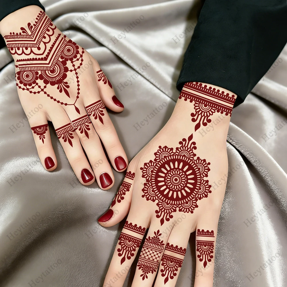 1pc Brown Henna Tattoo Stickers for Women Waterproof Temporary Tattoos Mandala Mehndi Stickers for Hand Flower Fake Tattoo view 2