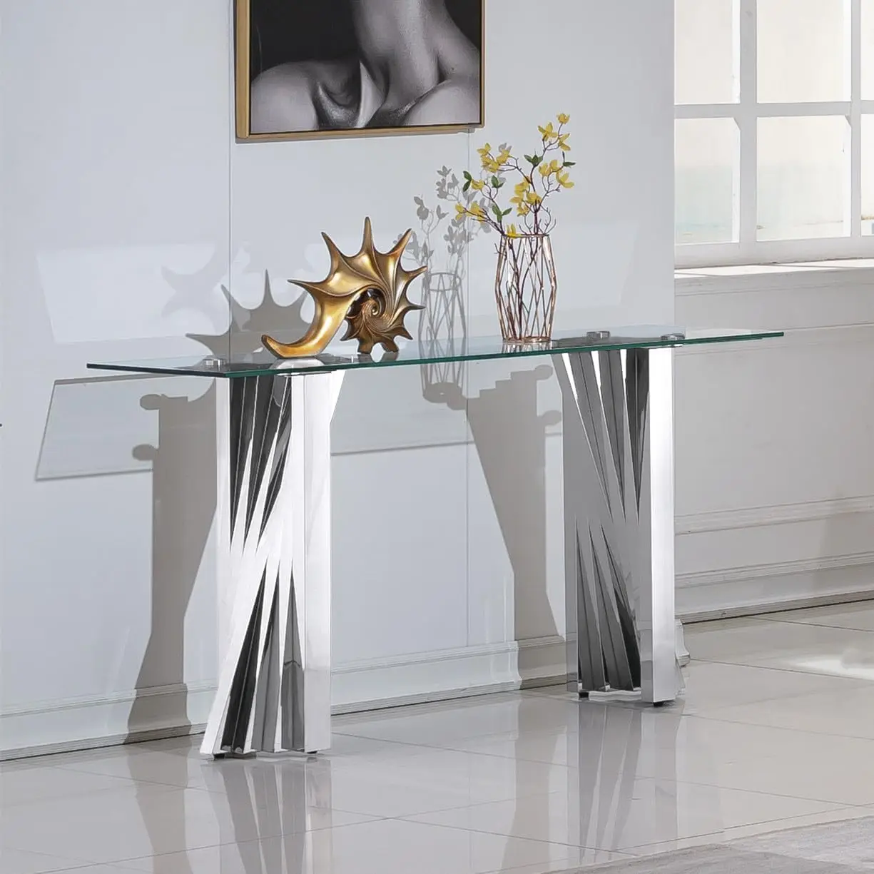 55 inch Long Console Table with Silver Stainless Steel Metal Pedestal, Rectangle Tempered Glass Console Table, Mid Century Moder