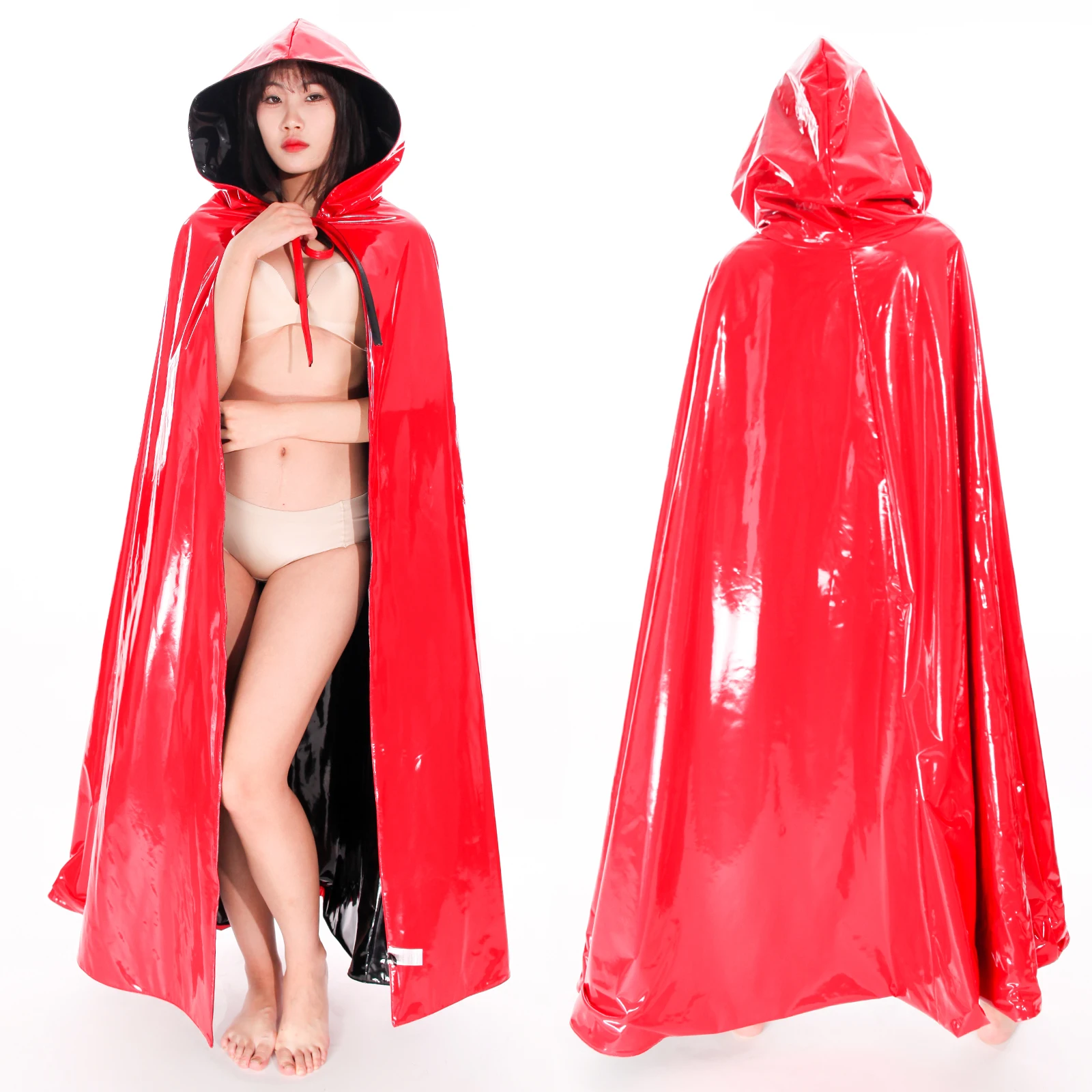 Ftshist Reversible Patent Leather Hooded Cape Sorcerer's Long Cloak Red & Black One Size Monk's Medieval Vintage Party Prop