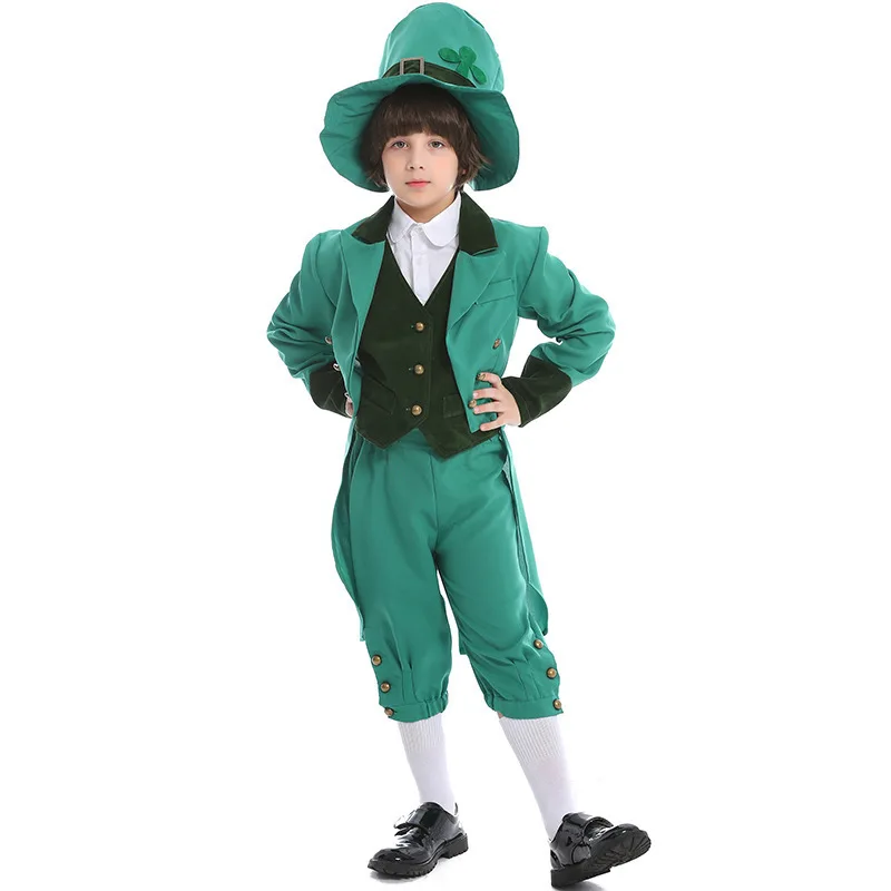 Kids Leprechaun Costume Boys St Patricks Day Green Outfit Irish Goblin Cos Suit Halloween Carnival Party Dress Up Clothing PS66