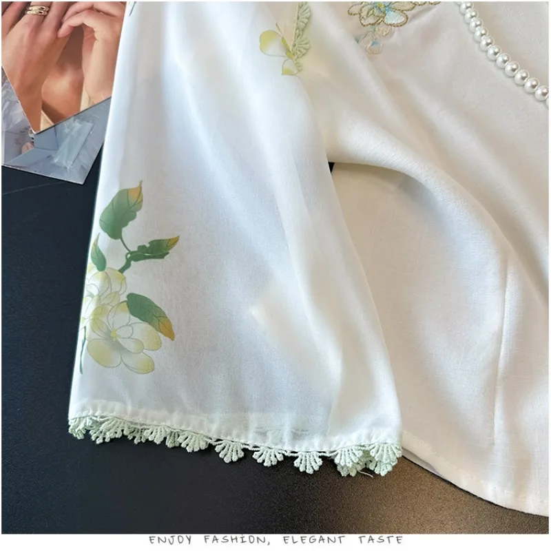 Kemeja wanita sifon, atasan blus bordir gaya China, pakaian Vintage motif bunga musim semi/musim panas untuk perempuan