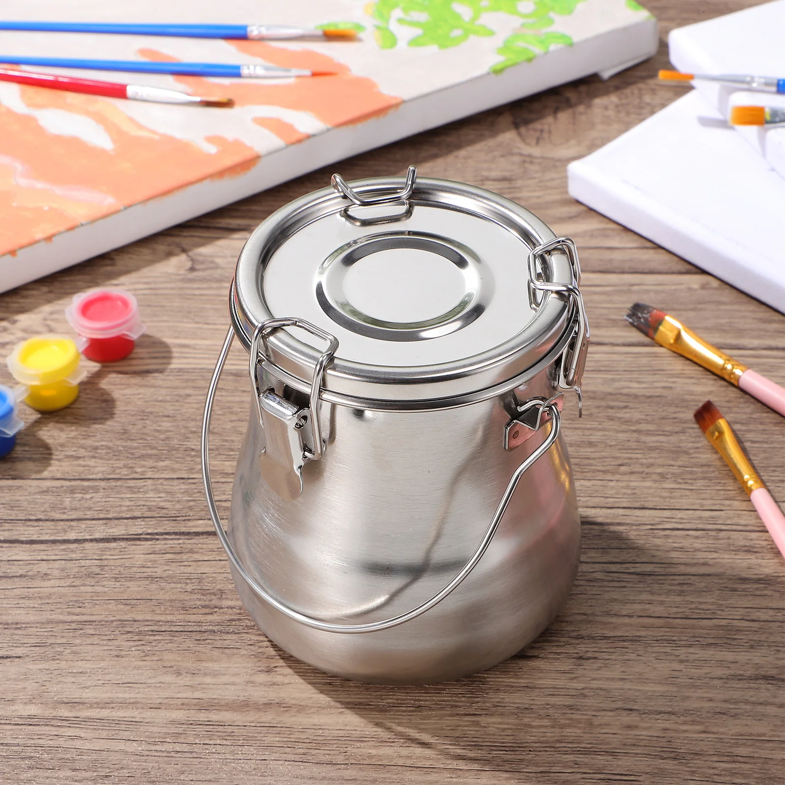 

Painting Brush Washing Bucket Stainless Steel Double-Layer Portable with Cover for Outdoor Sketching Camping Watercolor Paint