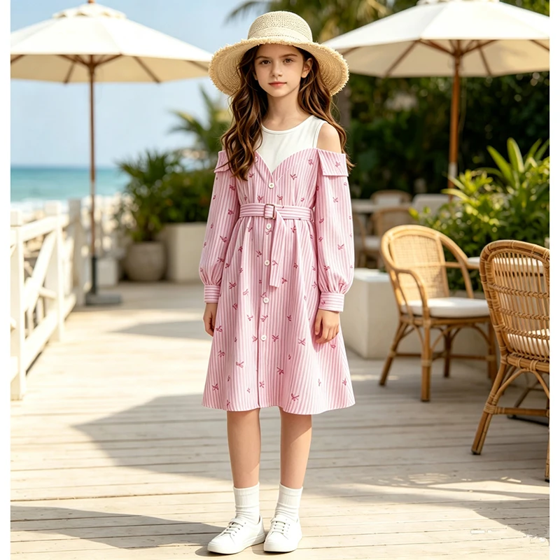 Girls 8‑12 Years Spring Fall Off‑Shoulder Dress Vertical Stripe Bow Pattern Non‑Functional Buttons Adjustable Waist Girls Outfit