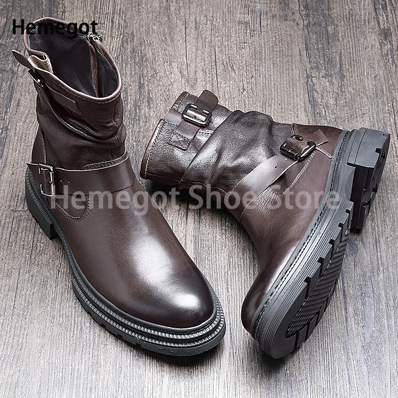 

Buckle Strap Side Zipper Chelsea Boots High Top Men's Boots British Style Men's Boots Motorcycle Boots Handmade Men's Shoes