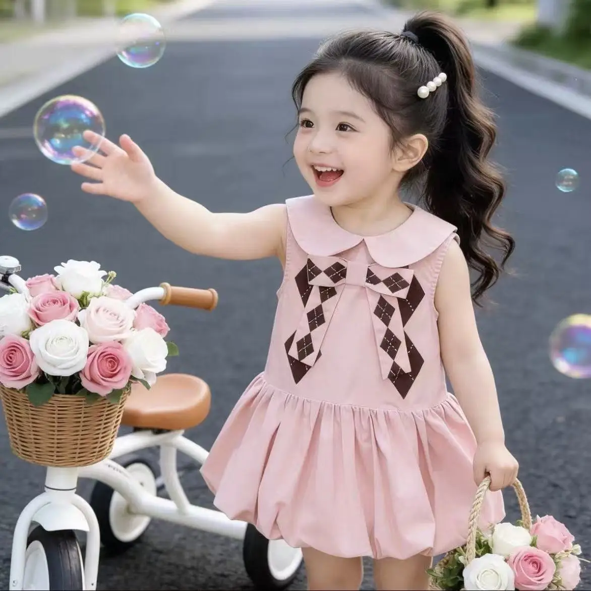Baby Girl Sweet Pink Argyle Preppy Style Tank Dress Elegant Bubble Hem Princess Sundress  for