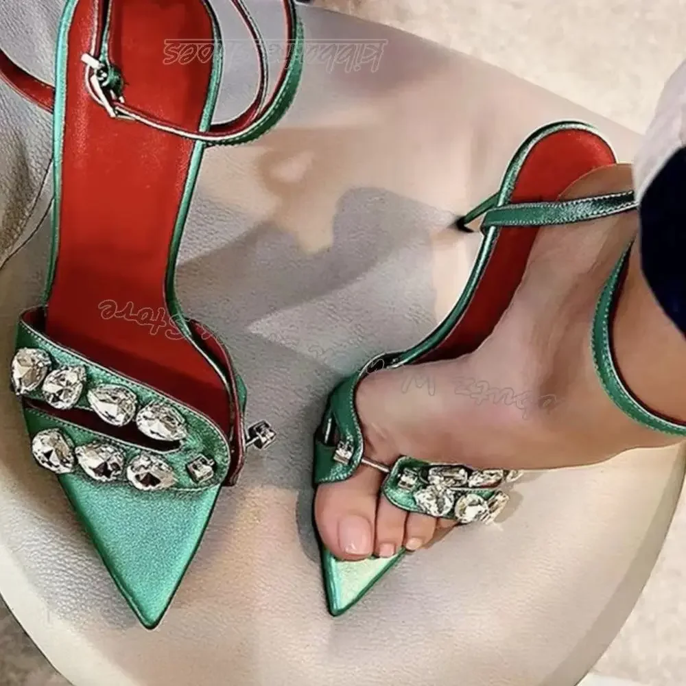 

Metal Decor Sandals Crystal Glossy Buckle Strap Pointed Toe Thin Heel Leather Luxury Elegant Concise Sexy Women Shoes Summer New