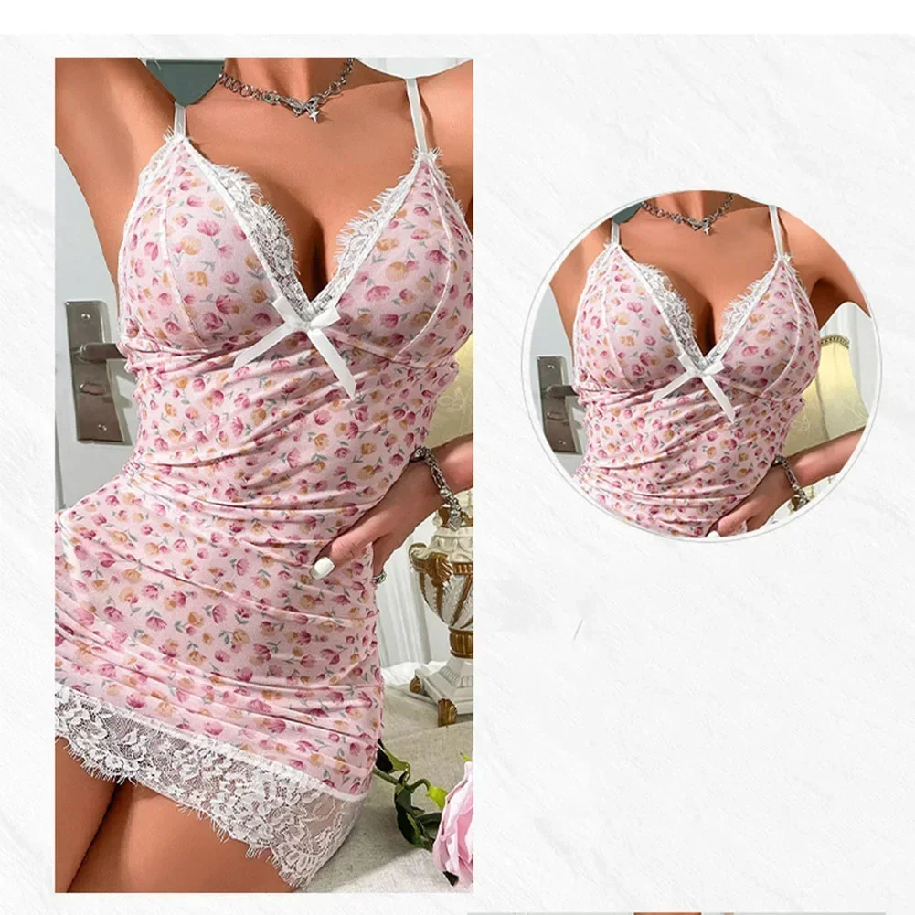 Sexy Lingerie Women V-neck Sleeveless Lace Dress See-through  Pajamas Nightdress