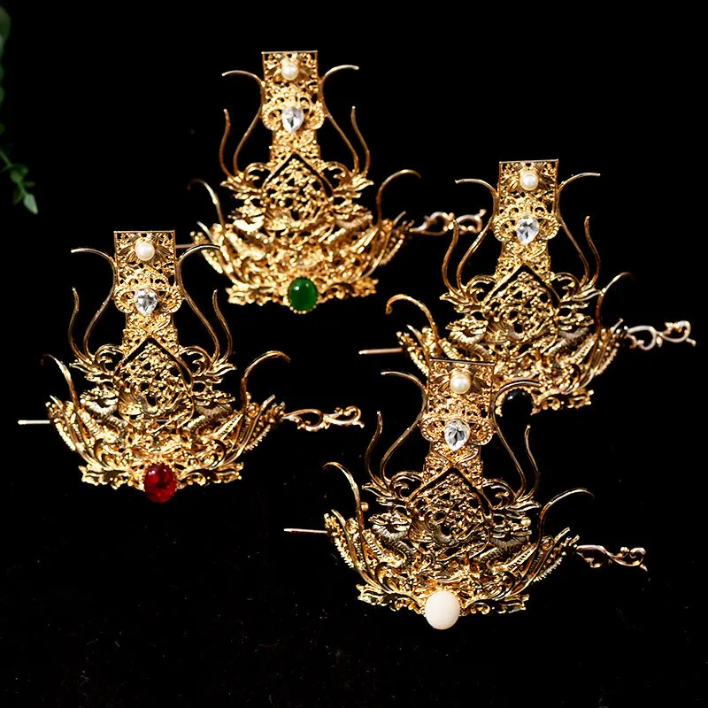 Chinese Ancient Unisex Hair Crown Hanfu Xianxia Wei Jin Style Hairpin Set Performance Cosplay Gold Carved Headwear Four Options