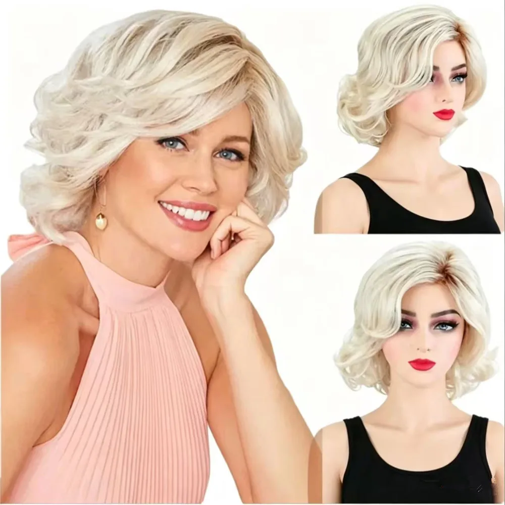 

Platinum Blonde Short Curly Wavy Wig for Women Heat Resistant Synthetic Fiber Natural Hairline Daily Cosplay Party Use