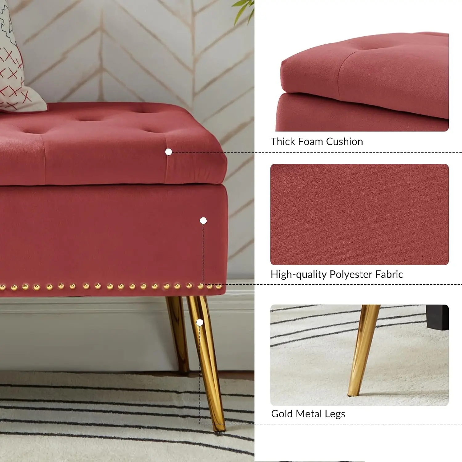 Velvet Storage Ottoman Gold Base Nailhead Trim, Button-Tufted Upholstered Footstool for Bedroom Entryway Living Room, Customized