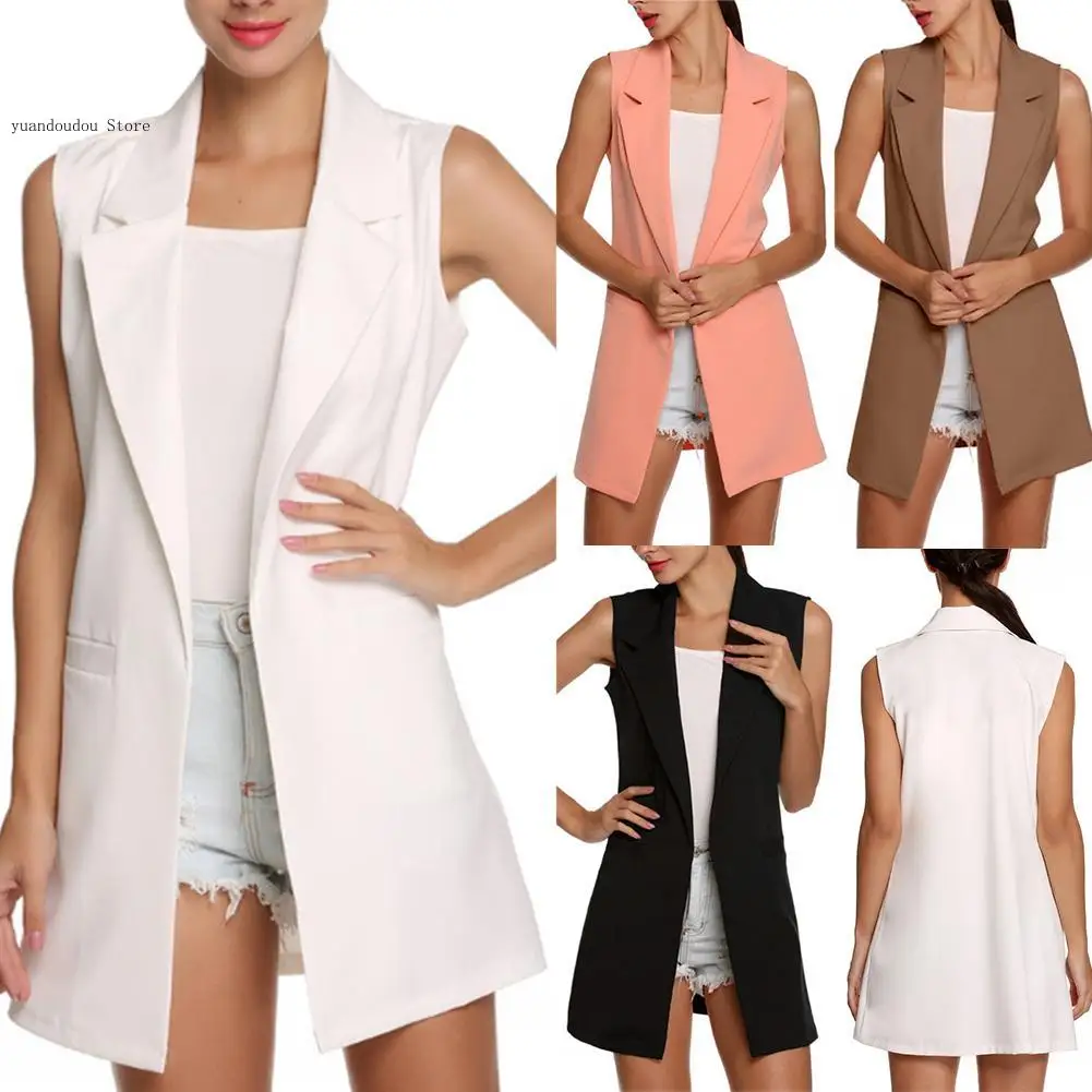 European and American Summer Temperament Women's Causal Versatile Lapel Buttonless Cardigan Long Suit Vest