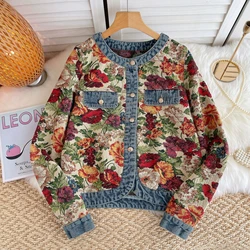 Print Denim Jacket Coat For Women High Street Flower Printted Fragrant Wind Round Collar Metal Buckle Jacquard Jean Outfits