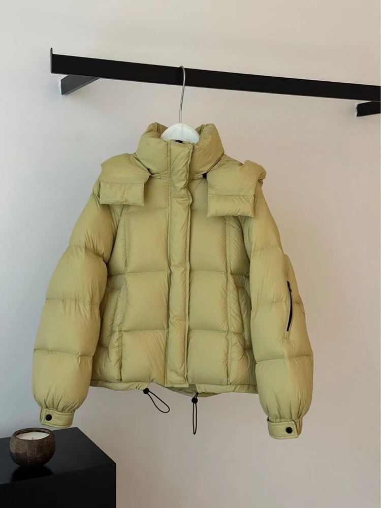 

Winter Short Drawstring Hooded Down Jacket Women White Duck Down Loose Parker Down Jacket Female Zipper Warm Waterproof Outwears