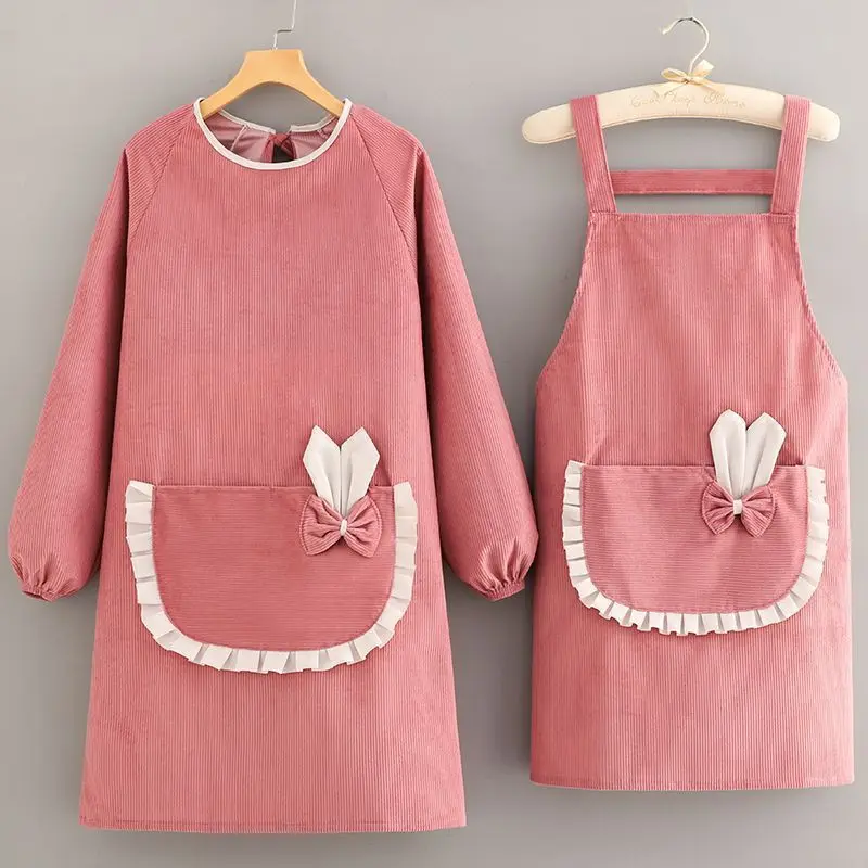 

Стильный вельветовый плюшевый фартук с длинными рукавами для домашней кухни, милый и устойчивый к пятнам, высококачественный кухонный комбинезон, рабочая одежда