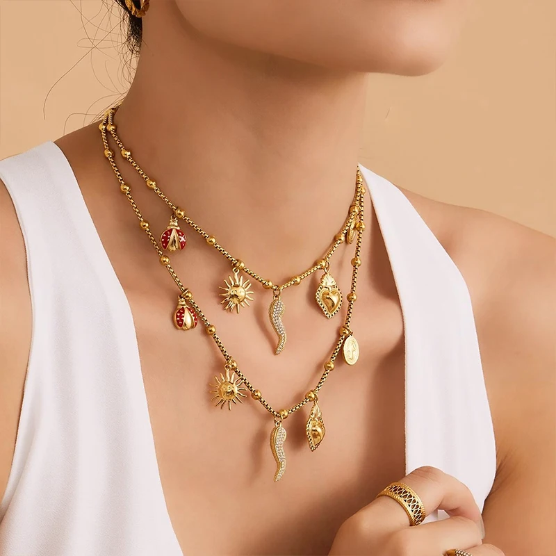 Liora New Zircon Pepper Sun Heart Pendant Stainless Steel Chain Necklaces For Women Wedding Charm Drop Choker No Tarnish Jewelry