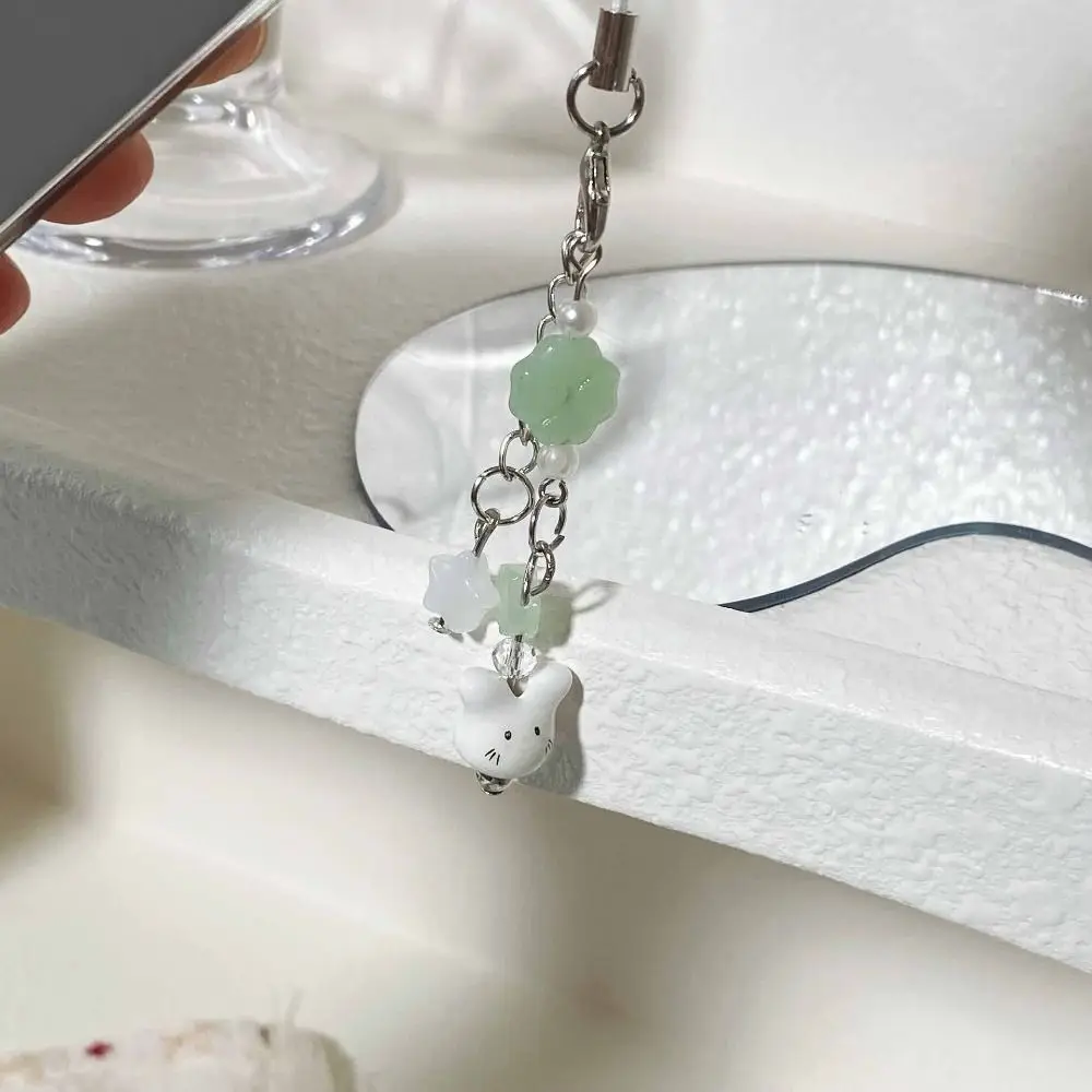 

Y2K Cute Beaded Phone Charm Hanging Decoration Strap Cord Ceramics Bunny Keychain Handmade Rabbits Four Leaf Clover Pandant