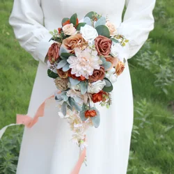 Yannew Terracotta Cascading Silk Wedding Bouquet for Bride Artificial Flower Waterdrop Bridal Bouquets Rustic Wedding Dedoration