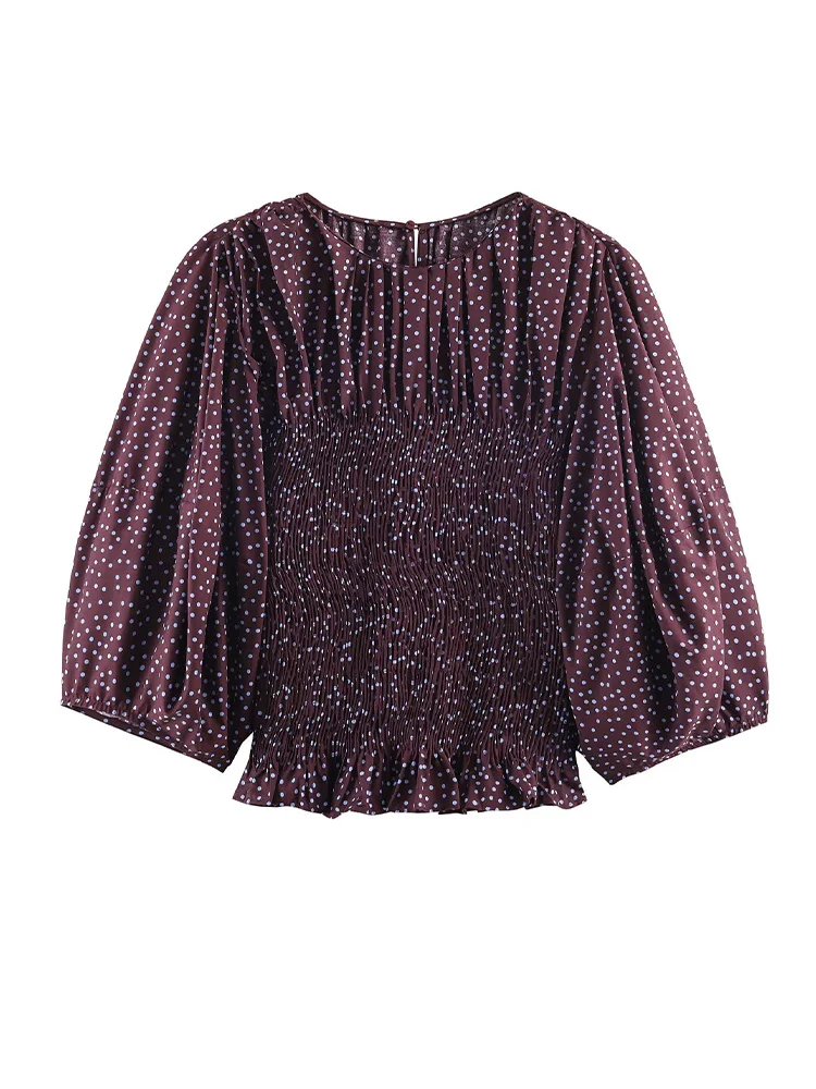 

HH Woman Spring New Casual Long Sleeves Round Collar Polka Dots Balloon Sleeve Shirt Female Elegant Poplin Short Elastic Blouse