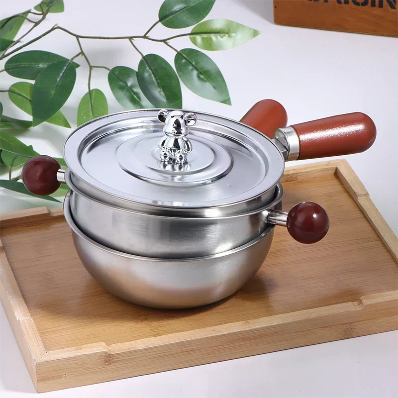 Single-Person Heat-Resistant Stainless Steel Pot Wood Handle For Fruit Salad Yogurt Breakfast Kitchen Cooking Bowl