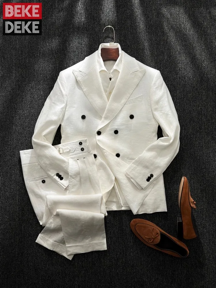 Business Men Work Formal Suit 100% Linen Double Breasted Blazer Pants Two Piece Set Breathable Slim Fit Wedding Dress Suit Sets