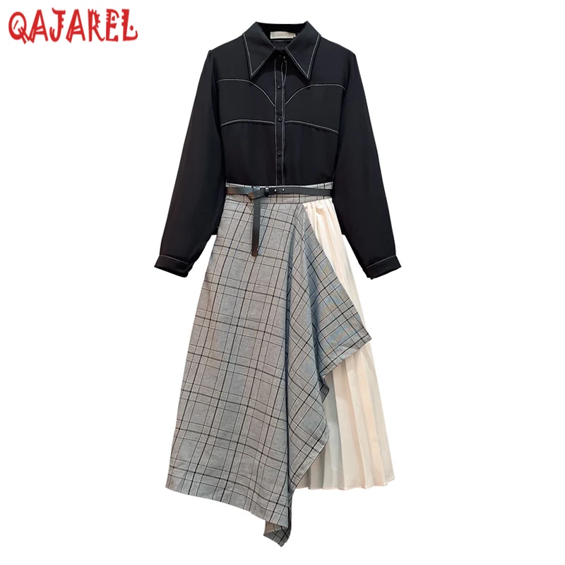 

Autumn Winter Black Polo Collar Top Shirts+Plaid Patchwork Half Lenth Skirt Two Piece Sets 2024 Women Korean Fashion Casual Sets