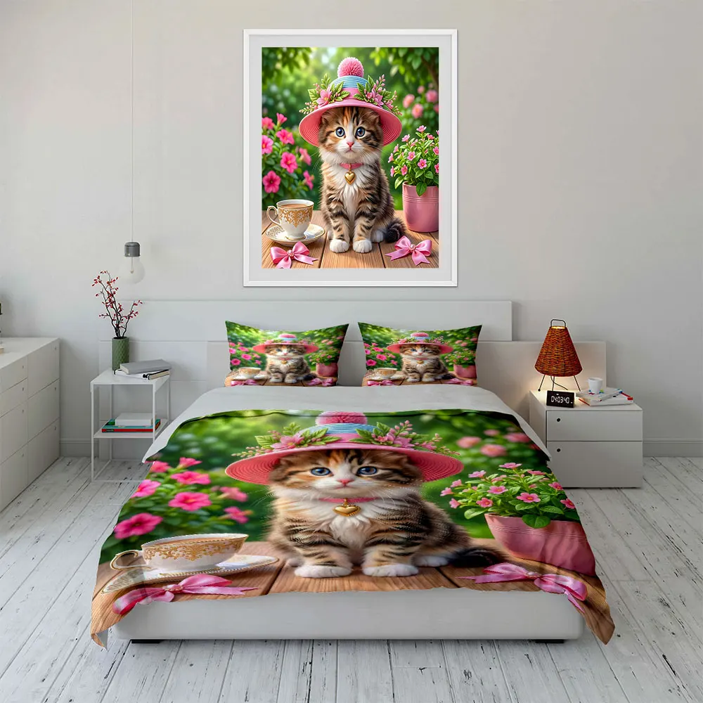 Cute kitten with pink hat Bedding Set for Kids Luxury Gift 3pcs Digital Print Comforter Set Soft Comfortable Breathable