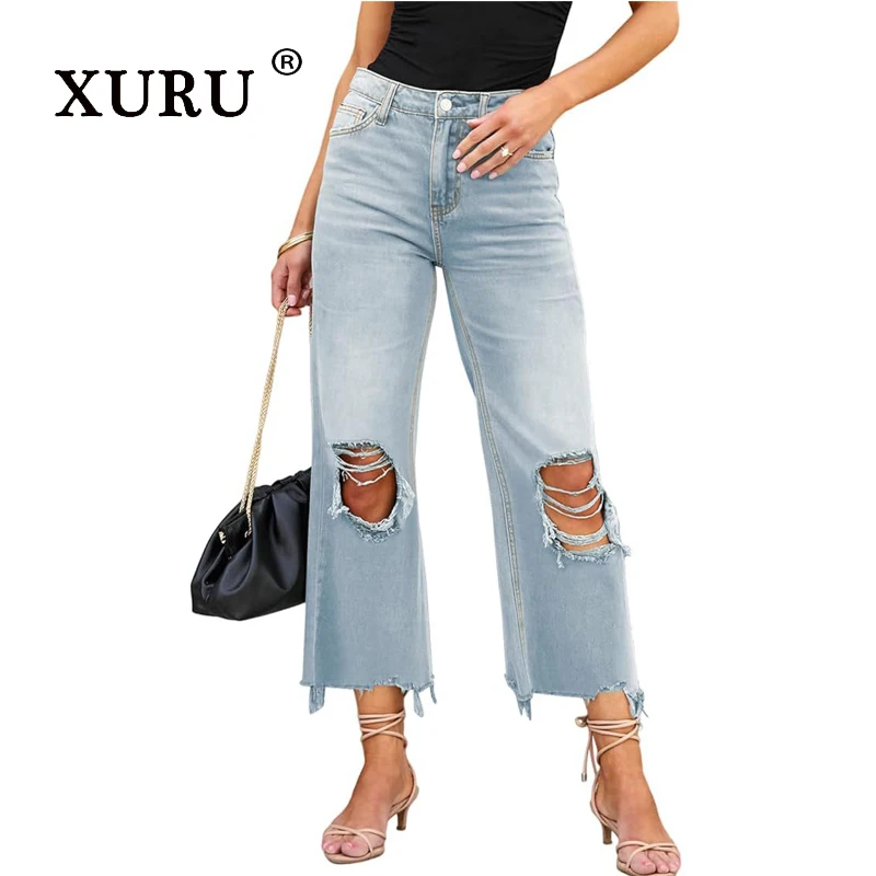 

XURU-Women's Distressed Jeans, Distressed Fringe, Straight Leg, Loose Fitting, New, K5-6813