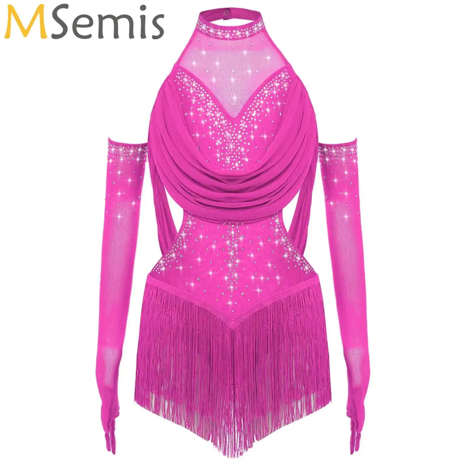 Teens Girls Figure Skating Jersey Ballet Cha-cha Samba Rumba Tango Latin Dance Dress Fancy Tassels Bodysuit with Mesh Gloves Set