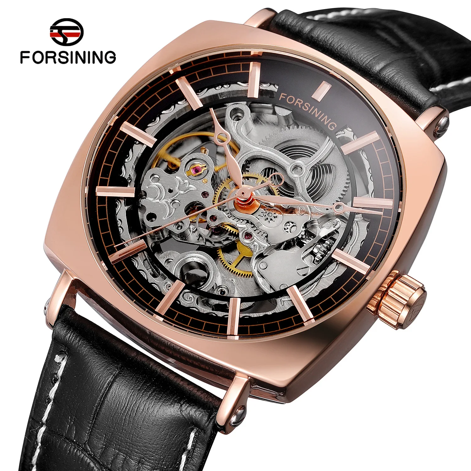 2024 Fashion Forsining Top Brand Genuine Leather Men\'s Automatic Mechanical Square Dial Casual Hollow Out Business Wrist Watches