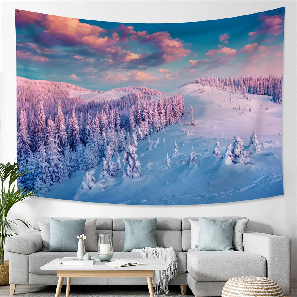 Snow Mountain Forest Sunset Scenery Tapestry Beautiful Nature Wall Hanging Blanket Bedspread Mat Home Room Decor