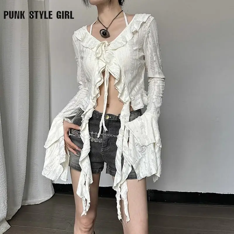 2024 Harajuku Gothic Vintage Y2k Lace Up Shirt Women Aesthetic Crop Irregular Blouses Coquette V Neck Grunge Korean Fashion Tops