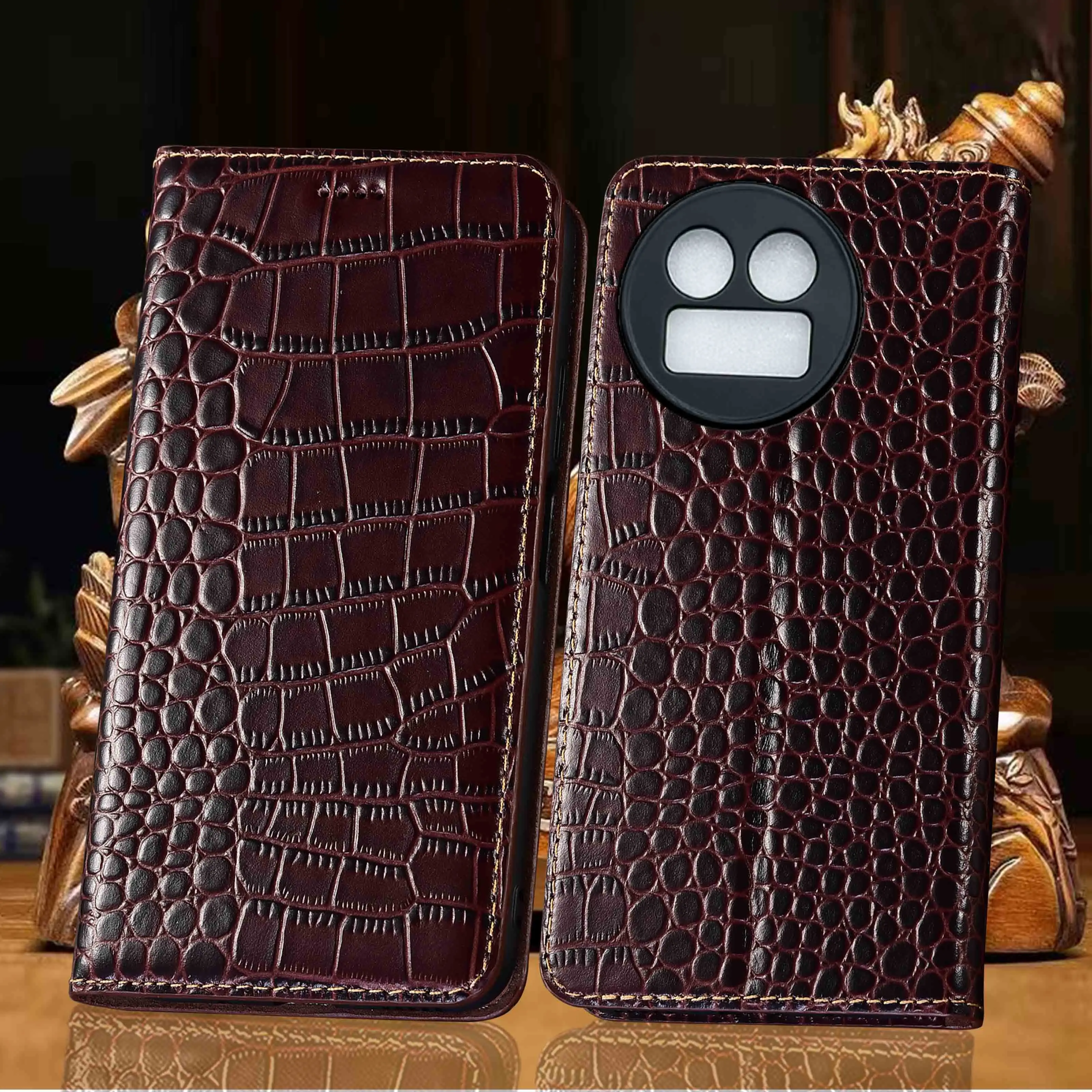 Genuine Leather Phone Case For Realme GT 2 3 5 6 6T 7 7T 8 Pro Explorer Master Crocodile Pattern Flip Cover Case Cowhide NonSlip