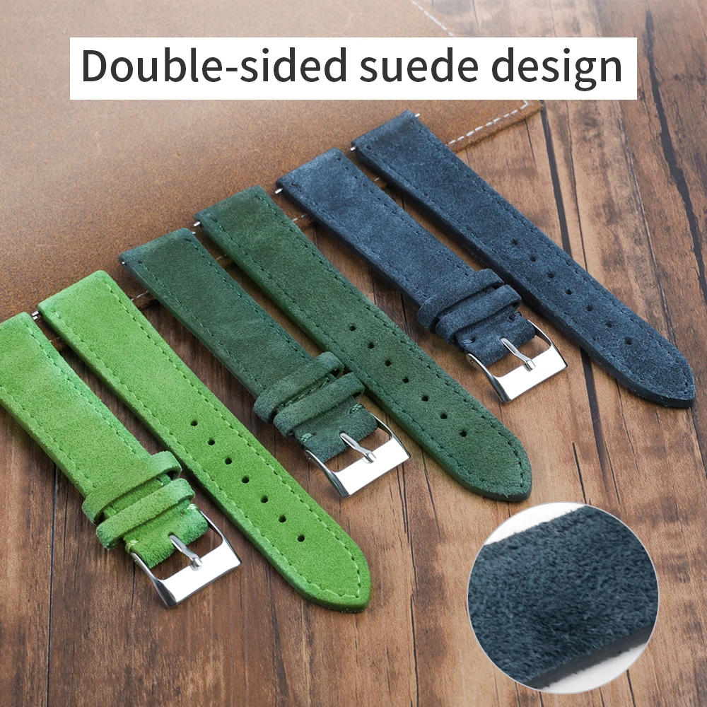 New Soft Suede Leather Watch Band 18mm 20mm 22mm Gray Blue Pink Green Watch Strap Handmade Stitching Watch Accessories for Men