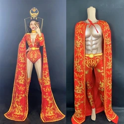 Red Nightclub Female Singer Stage Performance Costumes Chinese Style Festival Clothing Women Jazz Pole Gogo Dance Jumpsuit