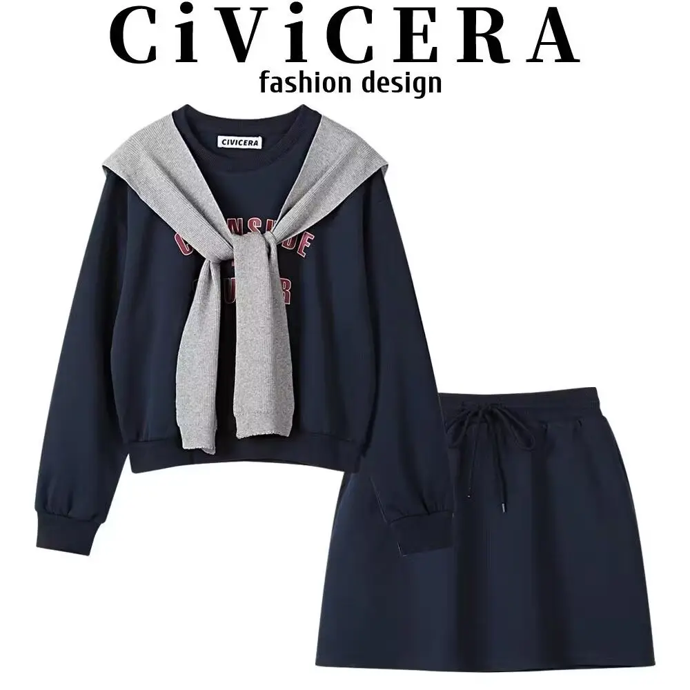 

plus Size Women's round Neck Sweatshirt Shoulder Shawl High Waist Short Skirt Three Piece Set Autumn Fashion Casual Wear