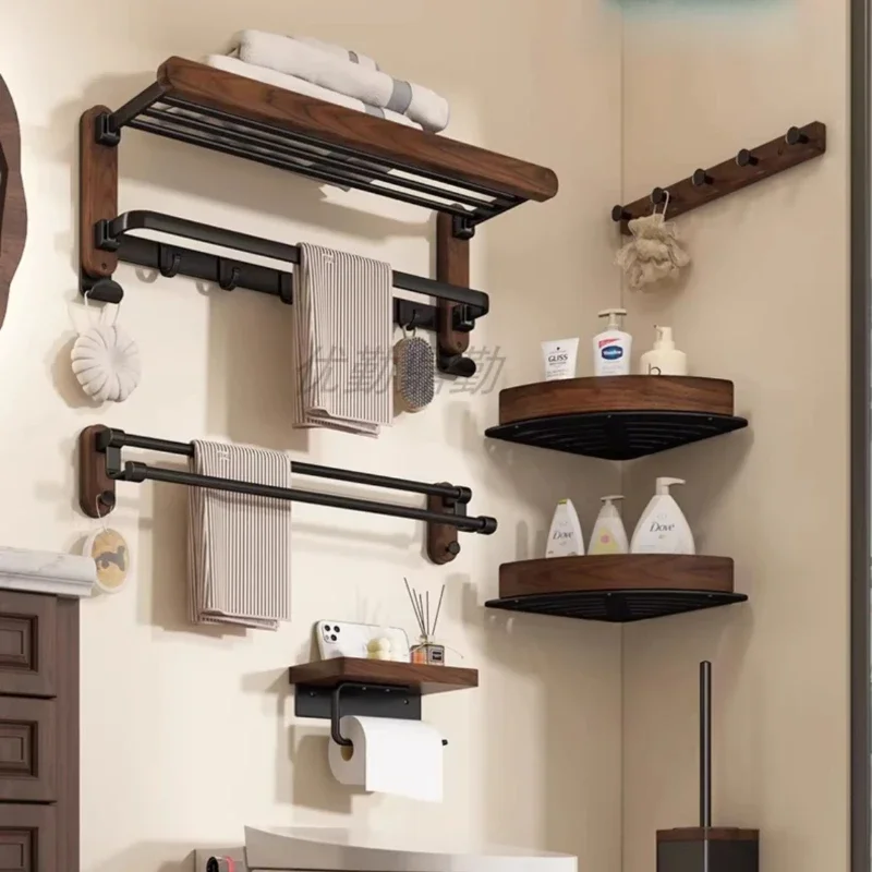 Walnut Wood Bathroom Rack - No Drill Towel Holder, Rustproof Organizer, Corner Bracket, Premium Bath Accessory